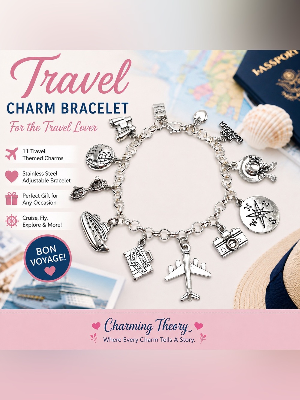 Travel Charm Bracelet – Cruise Airplane Bon Voyage Traveler Gift